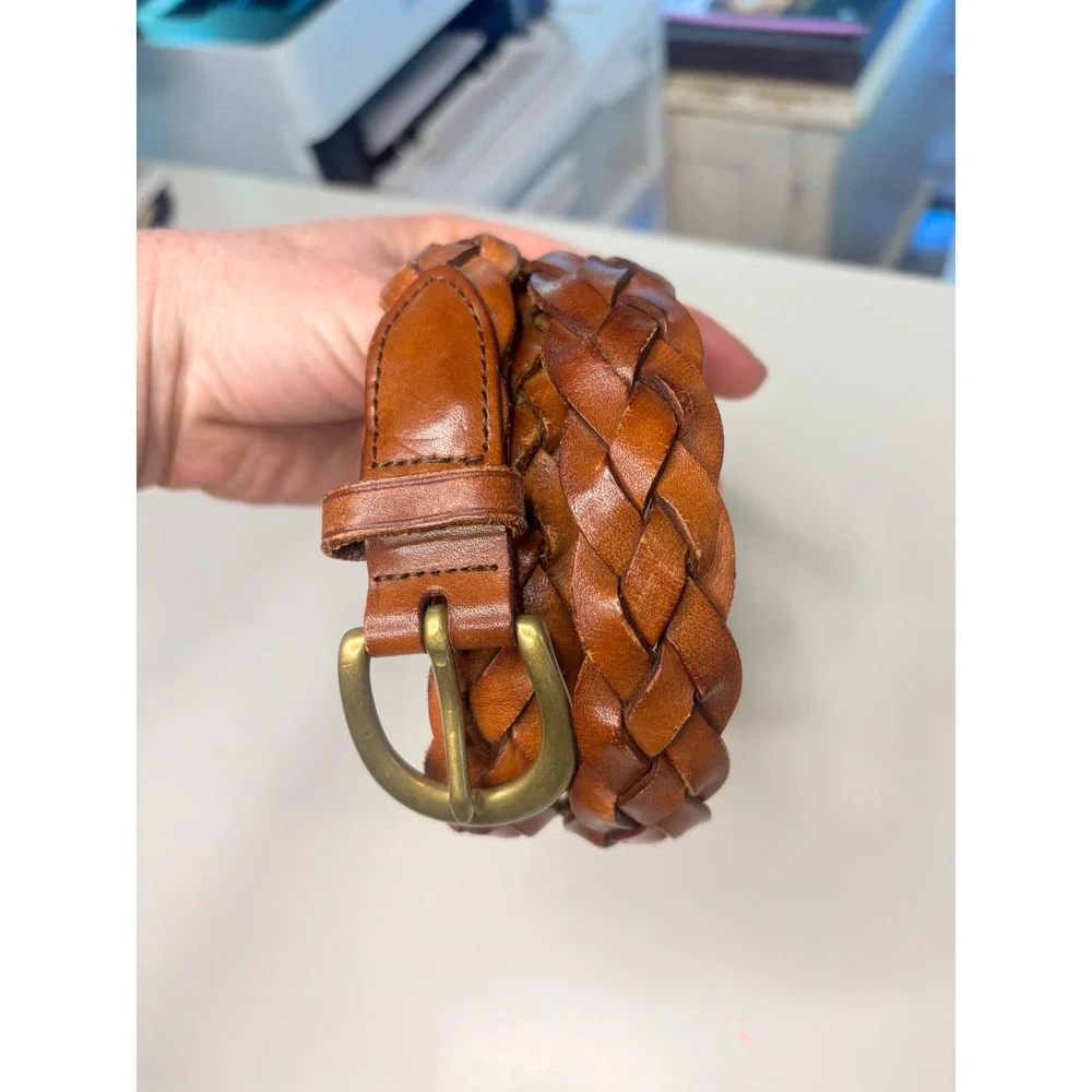 LL Bean Brown Braided Leather Belt Brass Buckle Vintage Style Womens 28 - Picture 1 of 4